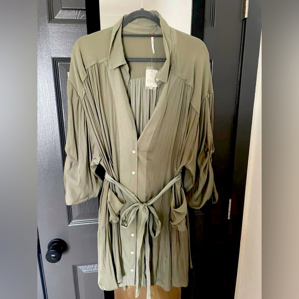 Free People Olive Green Button-Up Dress with Belt